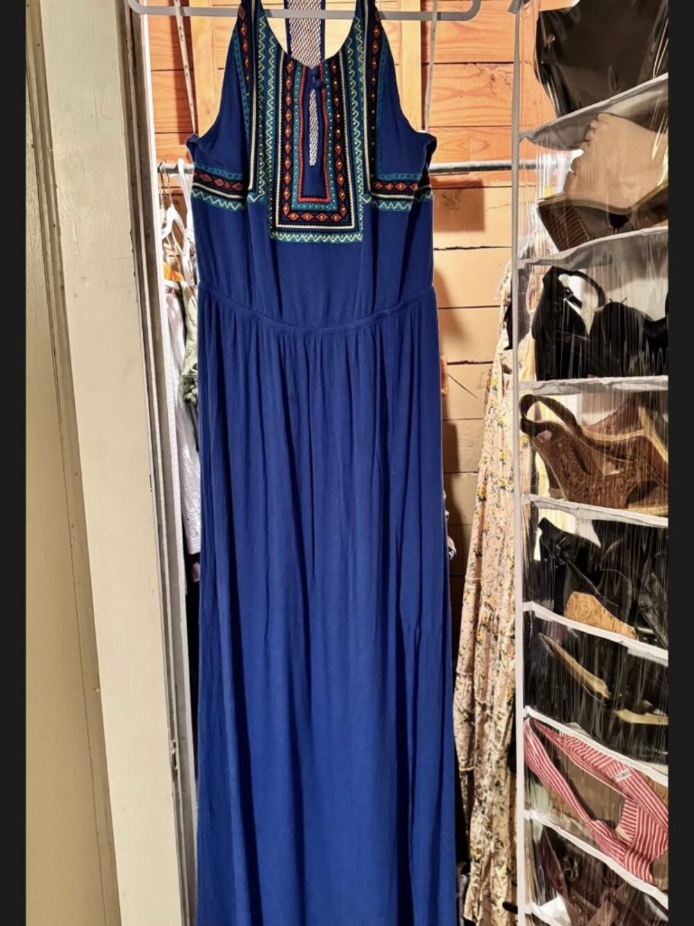 Miss Me Royal Blue Boho T-Back Maxi Sundress Sz M Embroidered